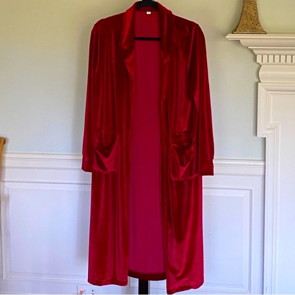 Red Velvet Duster Coat Drape Collar Relaxed Fit Perfect Dress Up or Down Classic